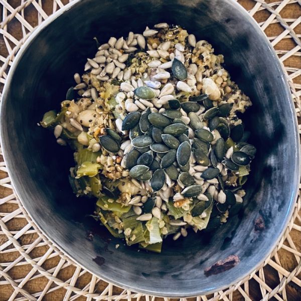 Leek and thyme breakfast crumble with coconut and cannellini beans